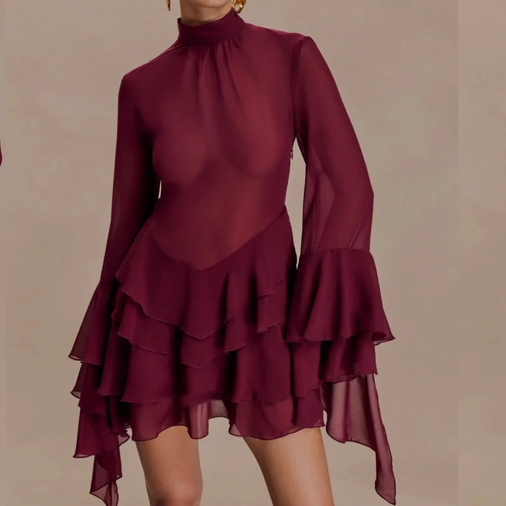 Meshki Burgundy Long Sleeve Ruffle Dress - Picture 4 of 5